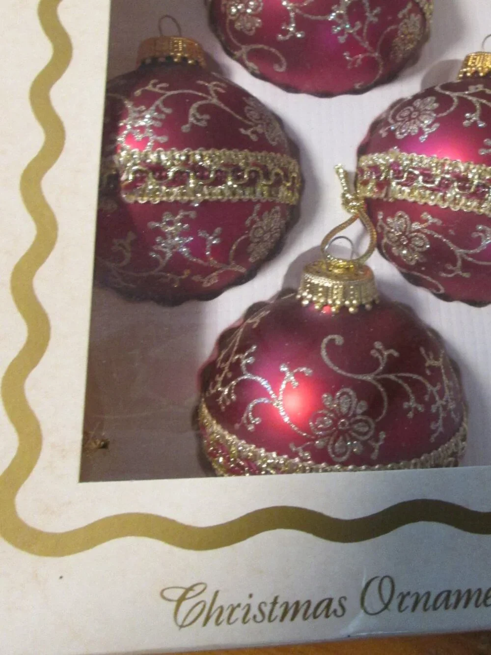 Vtg rauch red gold satin ribbon and glitter set of 4 ornament